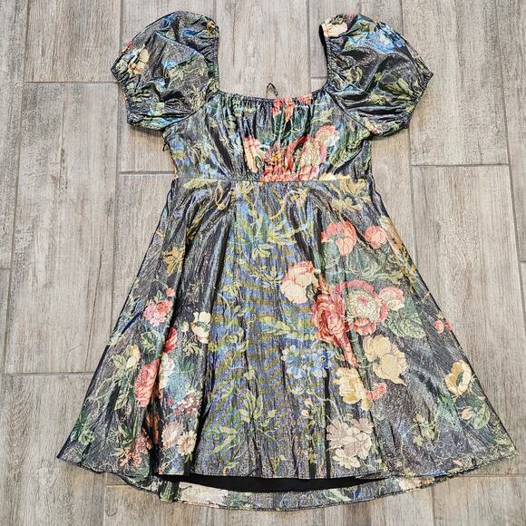 STAUD Camilla Dress  Size 8 Floral Metallic Puff Sleeve Mini Tie Front Coquette - Picture 10 of 16